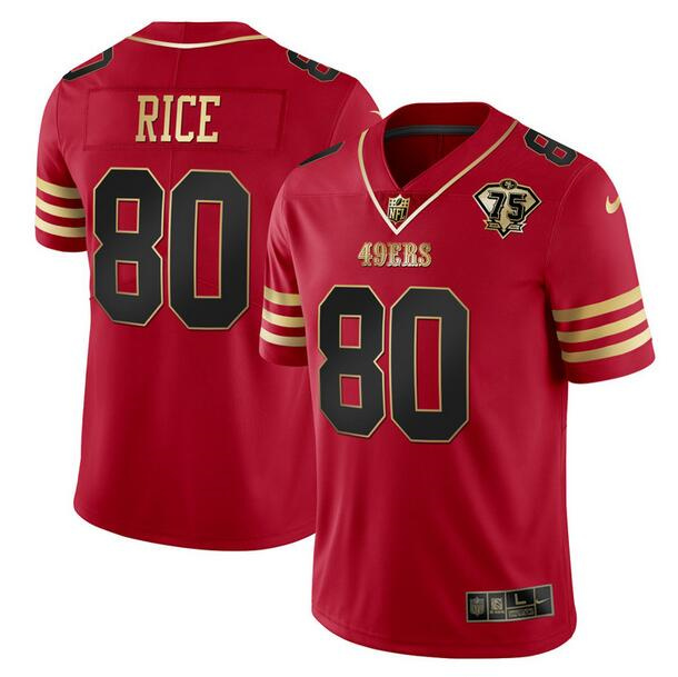 Men's San Francisco 49ers #80 Jerry Rice Red Gold With 75th Anniversary Patch Stitched Jersey Men's San Francisco 49ers #80 Jerry Rice Red Gold With 75th Anniversary Patch Stitched Jersey